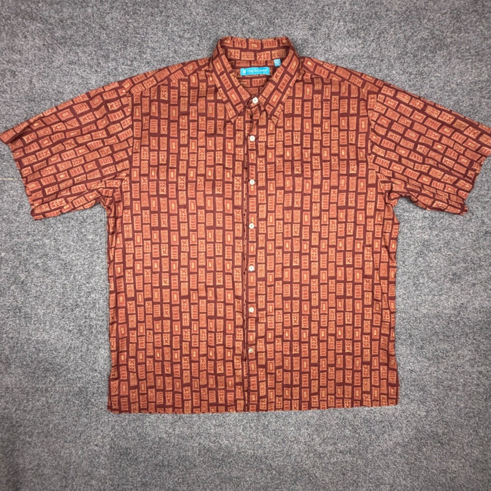 Tori Richard Mens XL Cotton Lawn Shirt Brick Red Geometric Hawaiian Made in USA